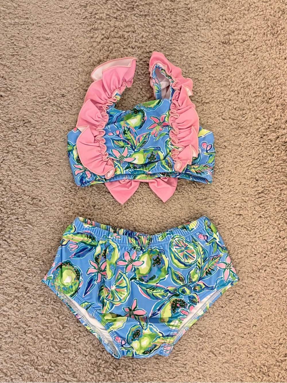 Girls Floral Two-Piece Swimsuit with Pink Ruffles